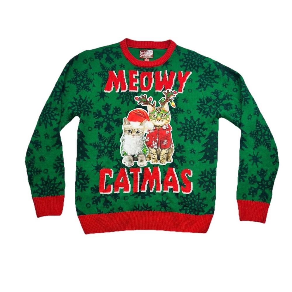 Christmas Sweater Womens M Party Sweater Meowy Catmas Ugly Green Red Holiday